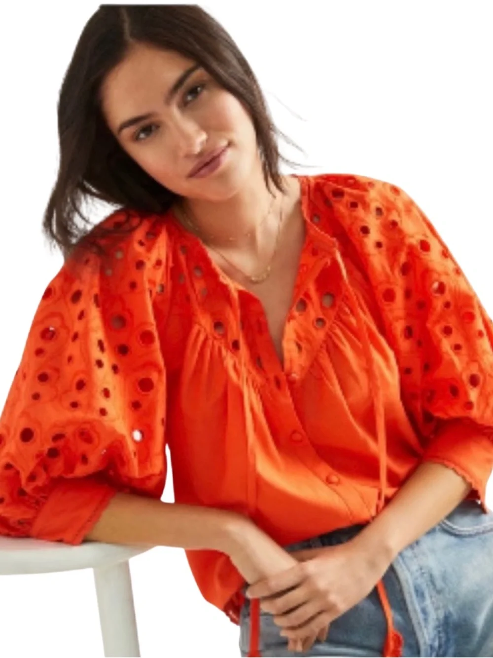Anthropologie Orange Eyelet Peasant Blouse Size 1X Boho Cotton - Picture 3 of 10